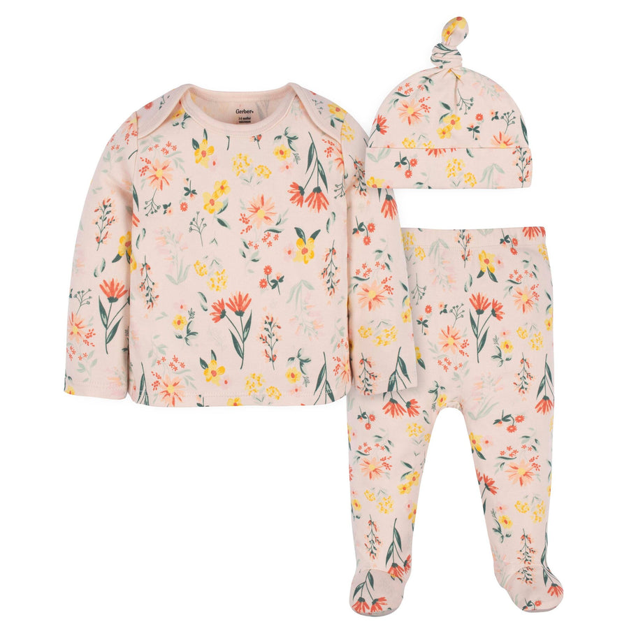 d - Gerber -OP2222 3pc Shirt, Pant & Cap - Wildflower - 0-3M Gerber 3-Piece Baby Boy Wildflower Shirt, Footed Pant & Cap Set 013618358555