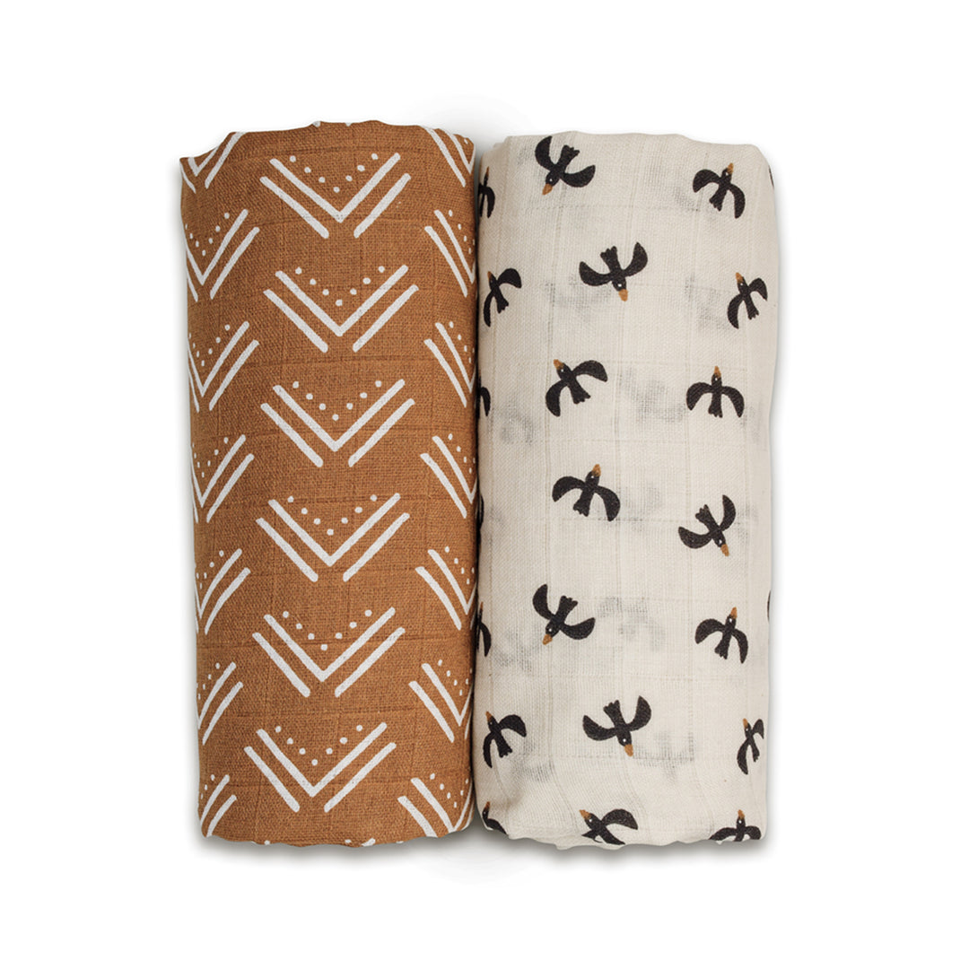 Cotton Muslin Swaddle Blankets - 2 pack - Boho - Mudcloth + Black Birds