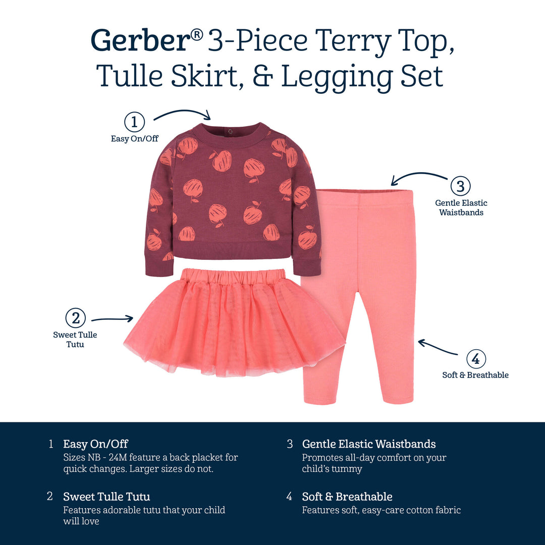 3 Piece Toddler Girls Apples Top,Tutu, & Legging Set   Prepack of 6