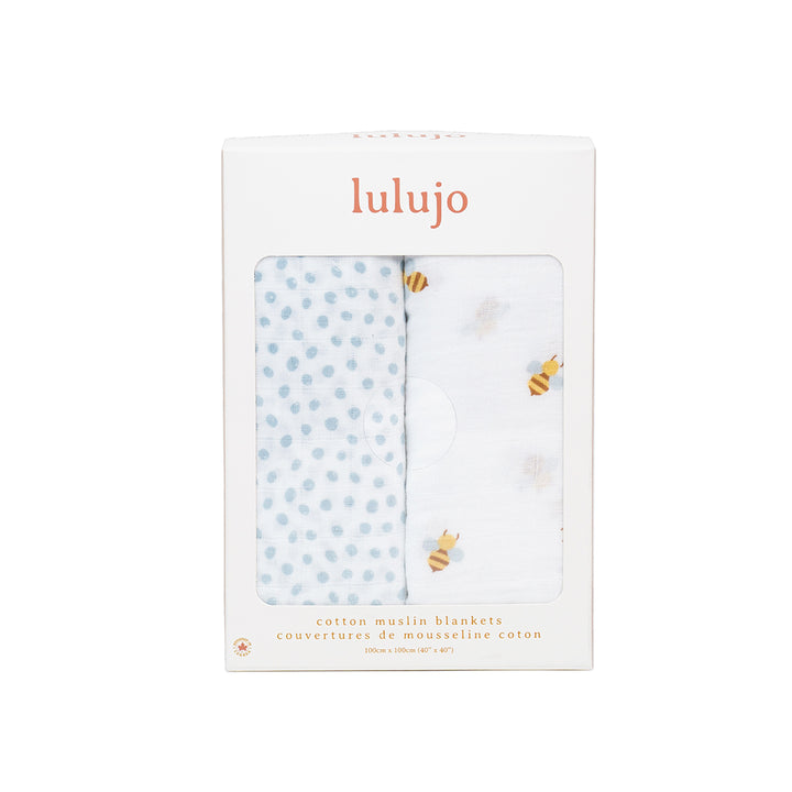 Cotton Muslin Swaddle Blankets - 2 pack - Bees + Blue Dots