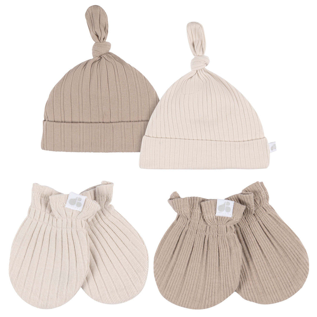 Just Born - OP2401 - 4pc Hat+Mitten Set - Tan - 0-6M Just Born by Gerber Baby Neutral 4-Piece Hat and Mittens - TAN 032633138898