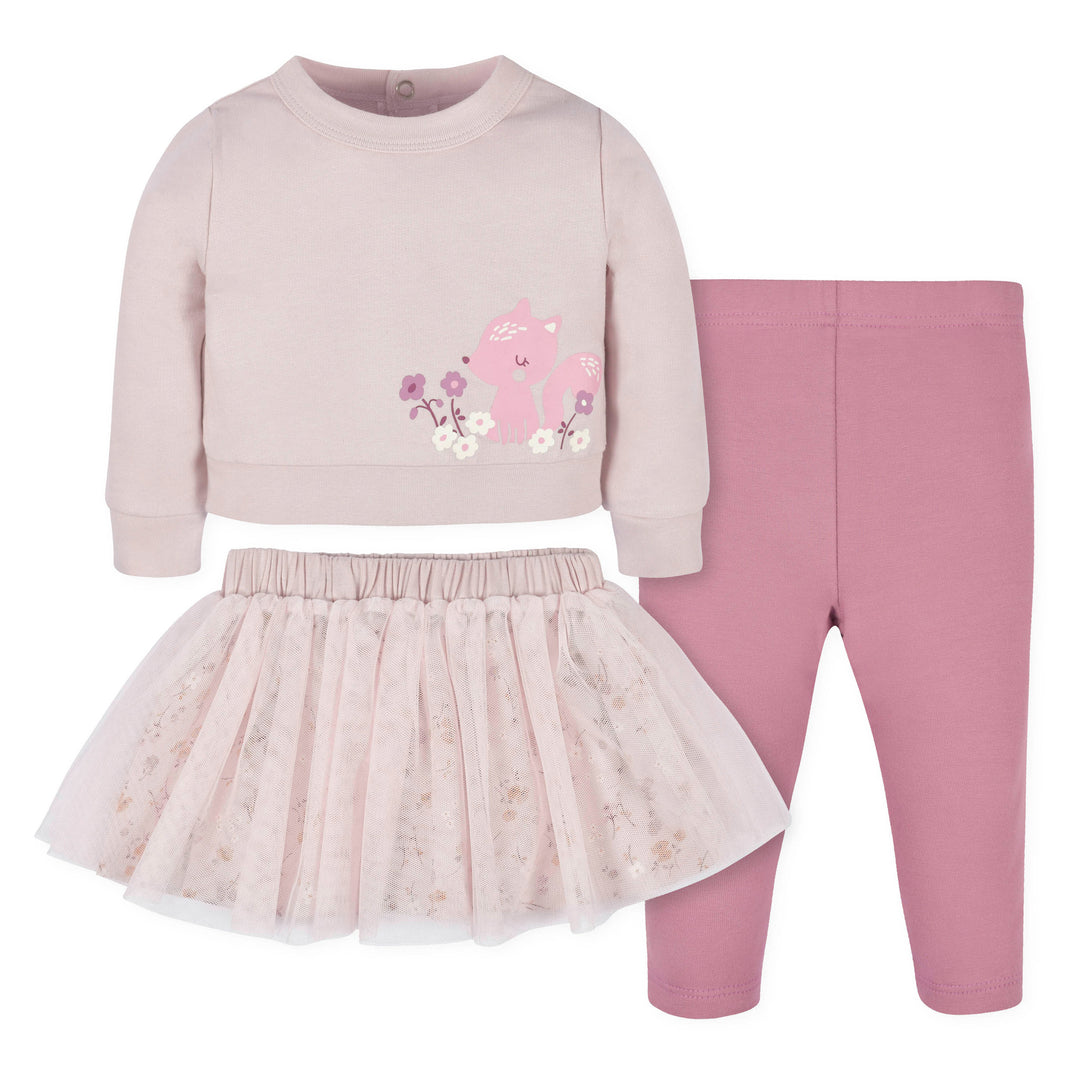 d - Gerber - Opp-22F 3pc Top Skirt Legging - Woodland - 24M Gerber® 3-Piece Baby & Toddler Girls Woodland French Terry Top, Tulle Tutu, & Pu 013618329814