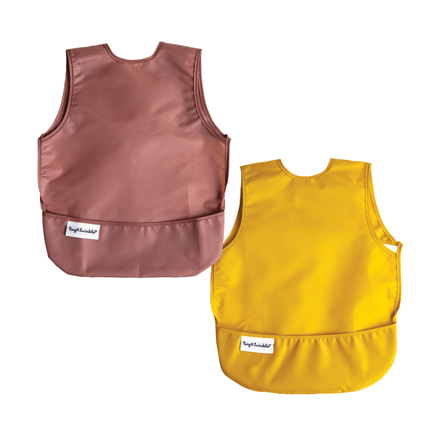 Tiny Twinkle - Apron Bib 2pk - Taupe + Dandelion 6-24M Mess-proof Apron Bib 2 Pack - Recycled Taupe and Dandelion 810027533555