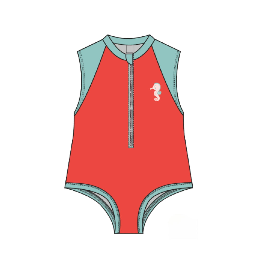 Short Sleeve 1Pc Solid Swimsuit - Seahorse
