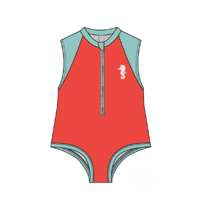 Short Sleeve 1Pc Solid Swimsuit - Seahorse