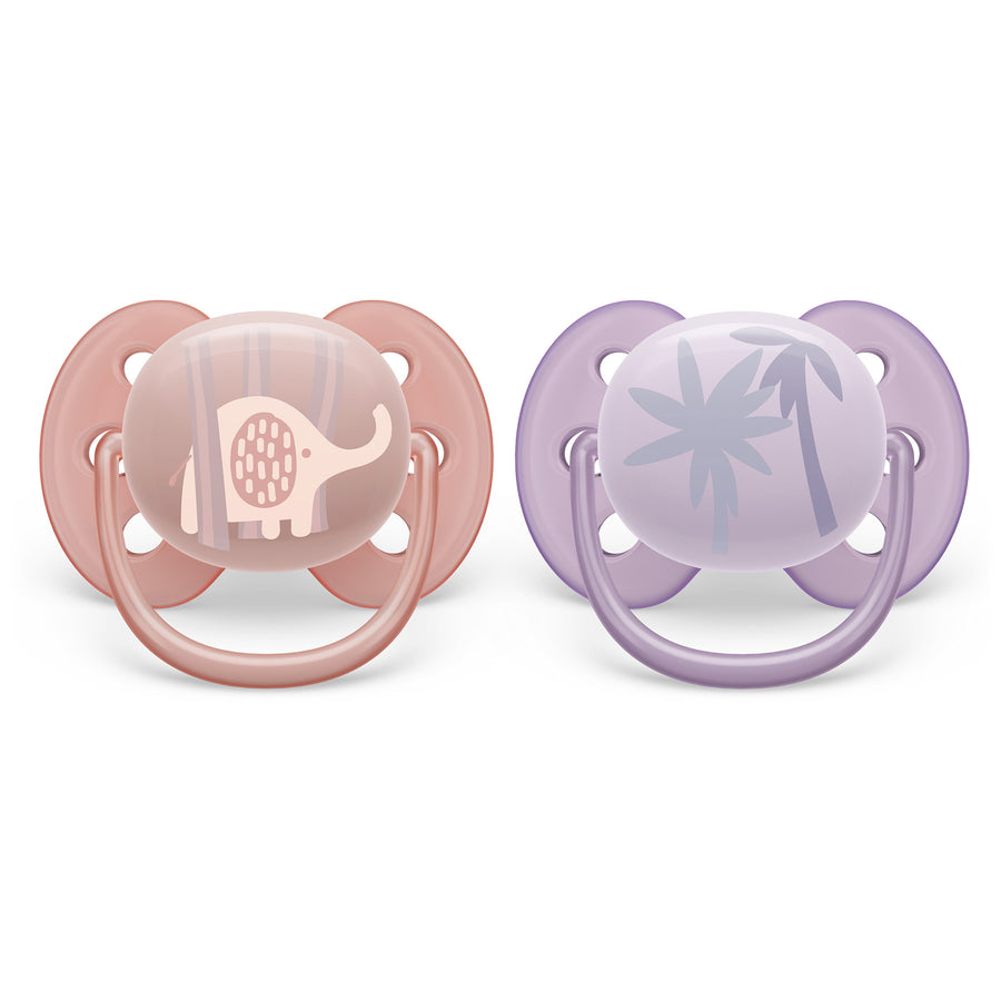 Philips Avent - Ultra Soft Pacifier 2pk - 0-6M Elephant+Palm Ultra Soft Pacifier - 0-6m - Lychee Elephant + Lilac Palms - 2 pack 075020103673