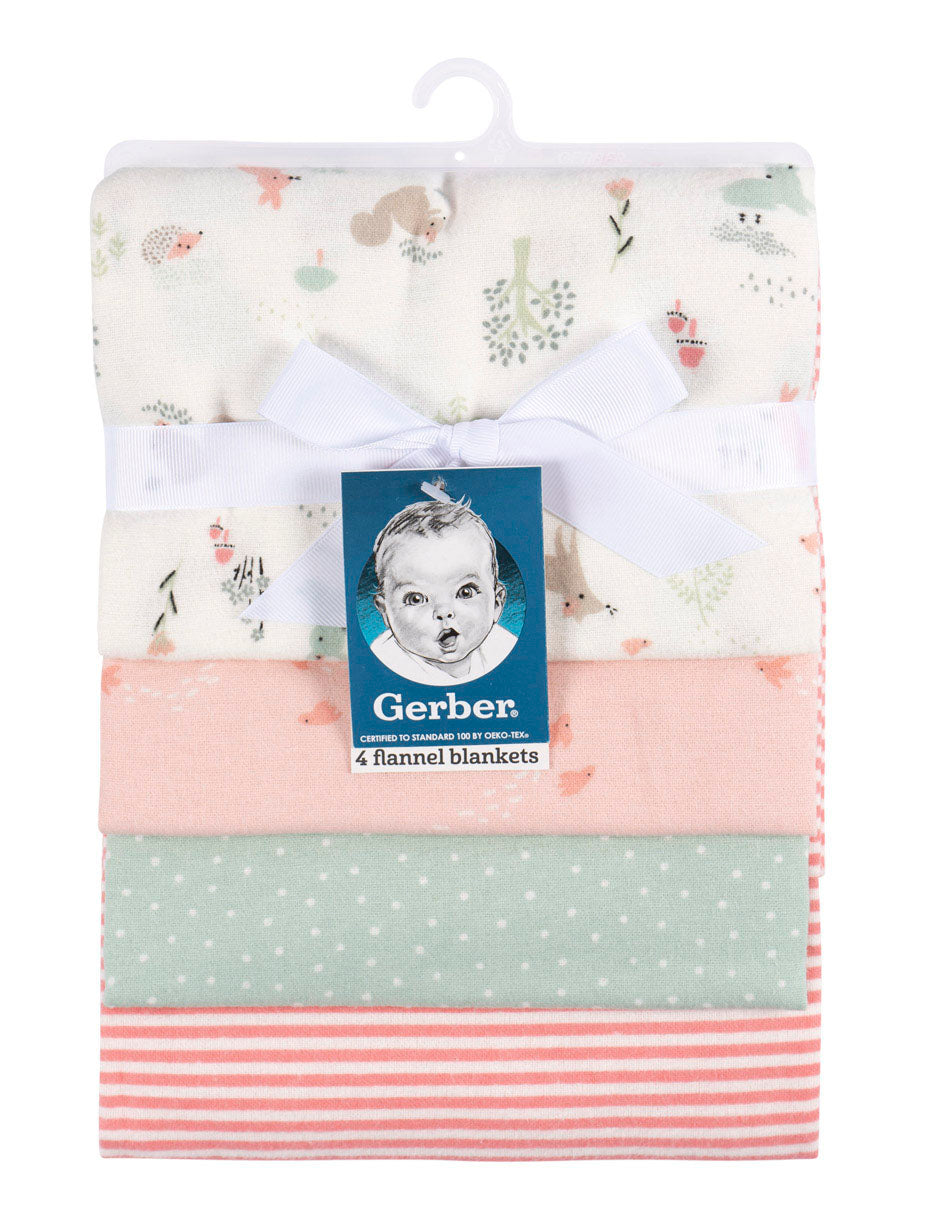 Gerber® 4 Pack Baby Girls Woodland Flannel Receiving Blankets