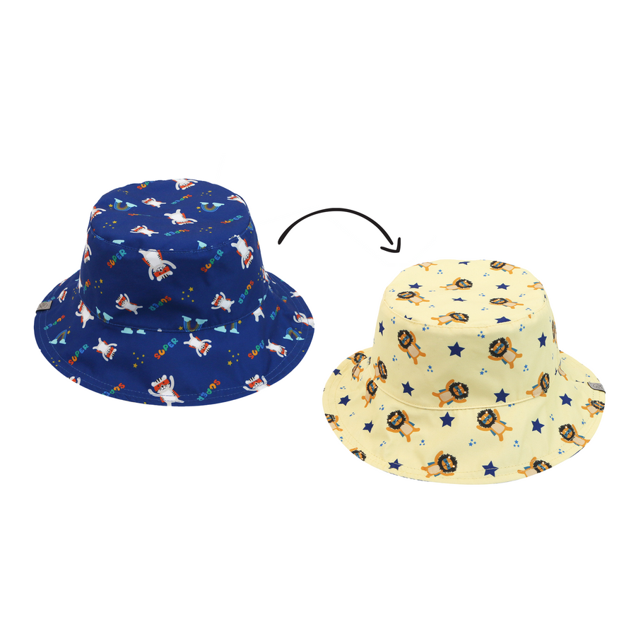 FlapJackKids - Patterned Sun Hat - Animal Superhero - XS (0- Kids Reversible Patterned Sun Hat - Animal Superhero 990006502410